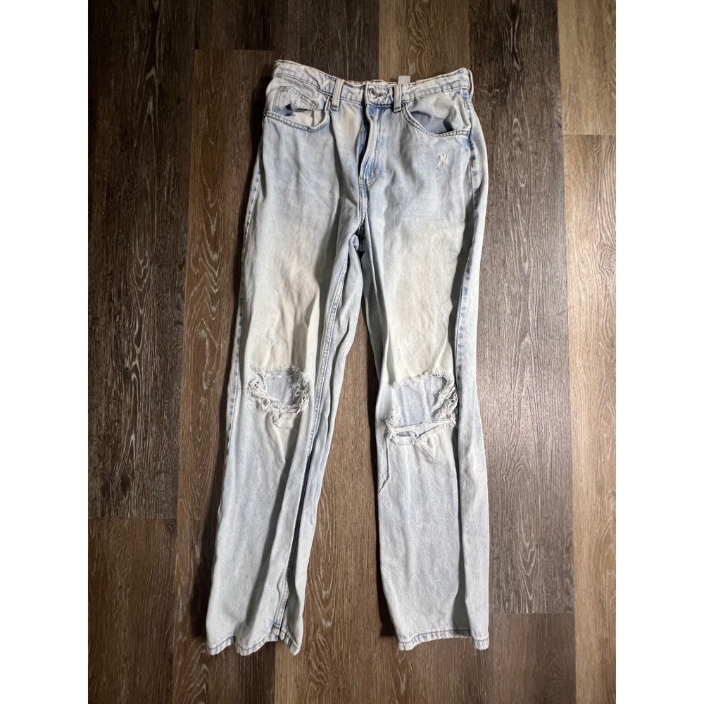 H&M 90s Straight Jeans Womens 8 Light Blue Distressed Ultra High Waist Cotton